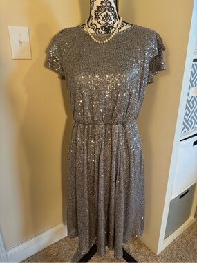 Betsy’s Boutique Silver Sequin Short-Sleeve Party Dress NWOT